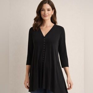 Sympli | Black 3/4 Sleeve Button Front Tunic Top Office Contemporary Minimalist